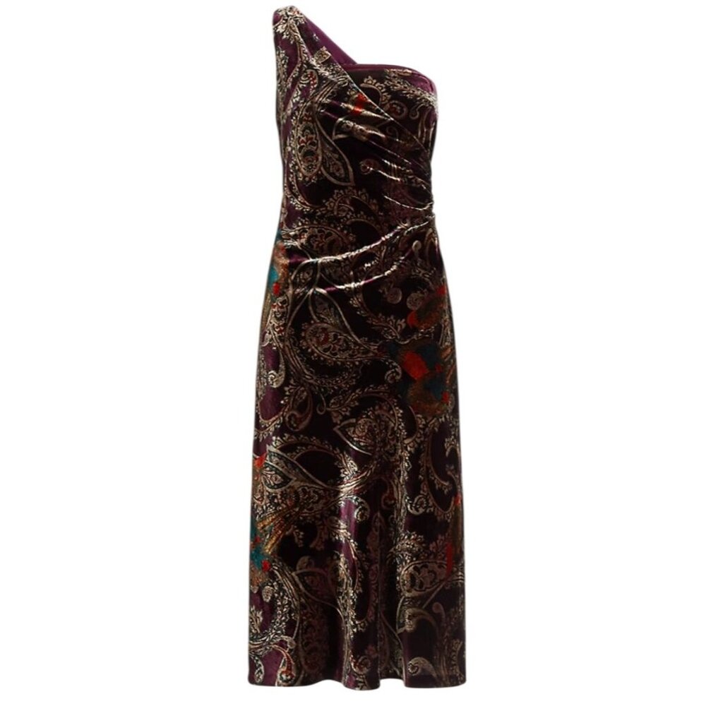 New Lauren RL Women One-Shoulder Velvet Cocktail Dress Paisley 8 Boho Elegant - Picture 1 of 16